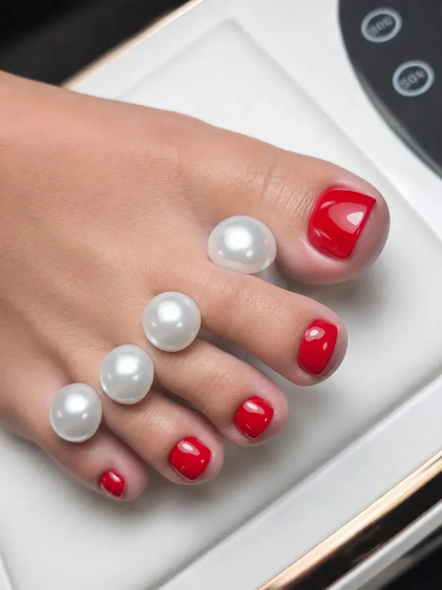 Pedicura con uñas de los pies pintadas de rojo y anillos de perlas en los dedos de los pies sobre un pie que descansa sobre una superficie blanca.