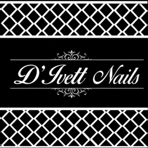 Logotipo de D'Vett Nails en letras blancas sobre fondo negro, enmarcado por bordes decorativos de celos&iacute;a.