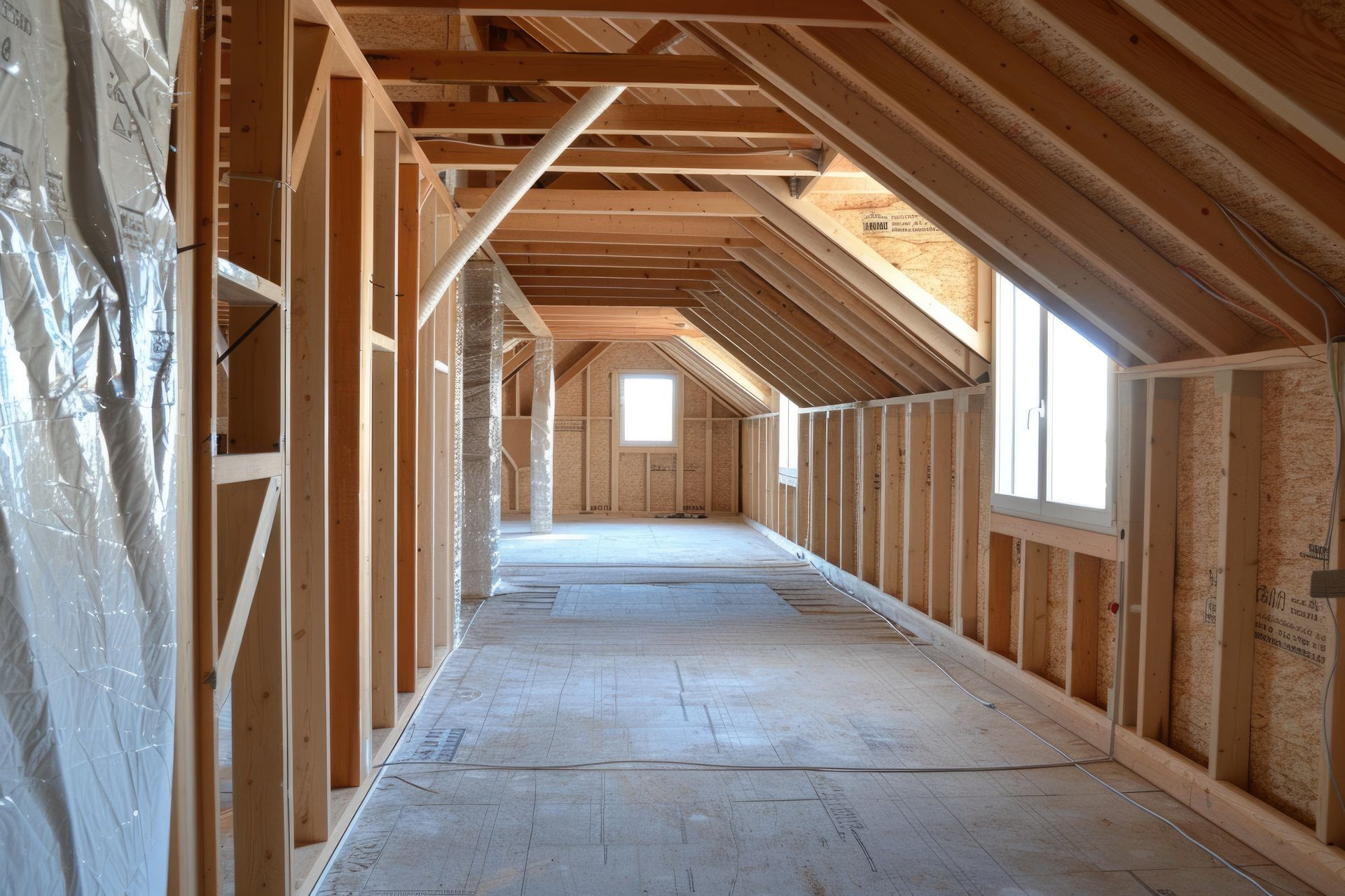 Intérieur d'un grenier non aménagé avec charpente en bois, poutres apparentes et une petite fenêtre.