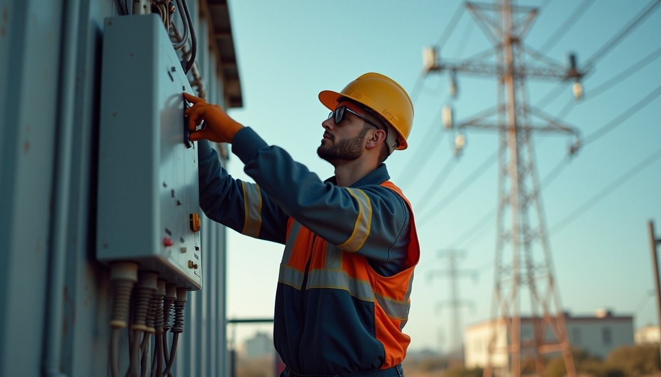 Electricista con equipo de seguridad, trabajando en un panel eléctrico en el exterior, con una línea eléctrica al fondo.