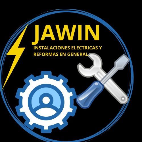Logotipo para instalaciones eléctricas y reformas generales "JAWIN"; rayo amarillo, llave inglesa