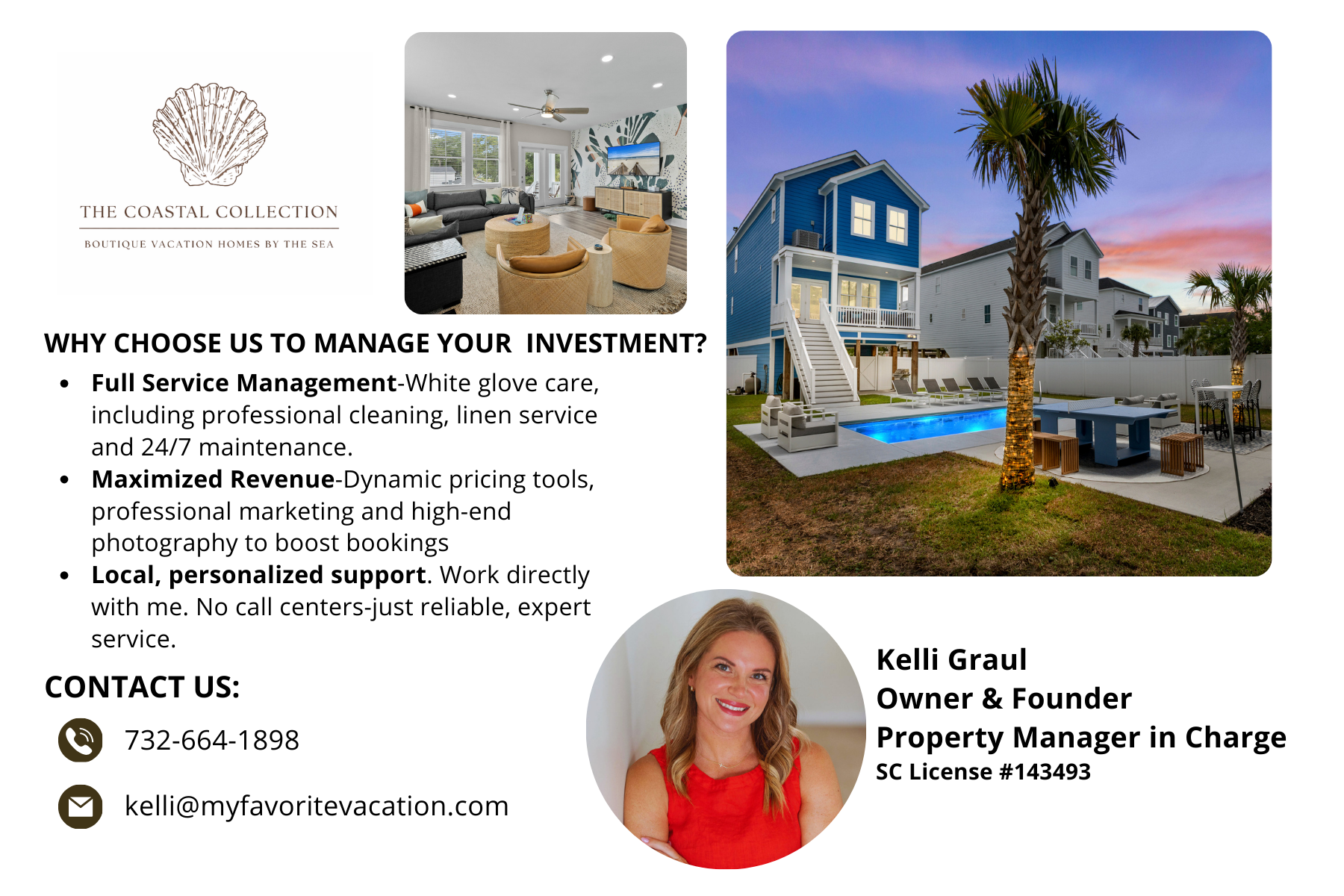An advertisement for The Coastal Collection property management, featuring house photos, contact info, and the founder.