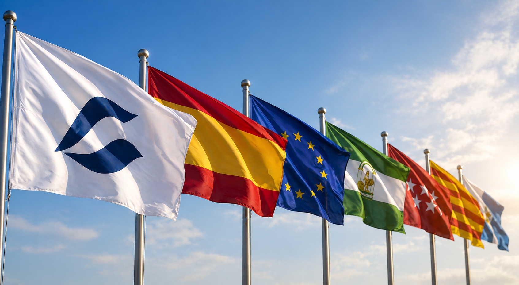 Banderas de la Unión Europea y de los Estados miembros ondeando en mástiles contra un cielo azul.