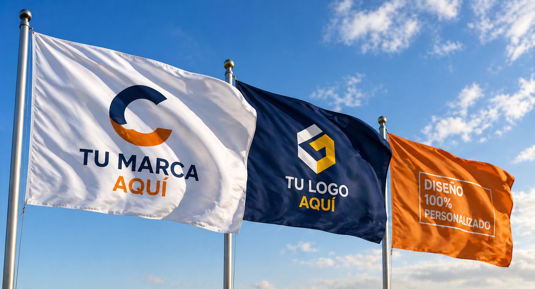 Tres banderas promocionales en blanco, azul y naranja sobre un cielo azul, cada una con el texto del logotipo.