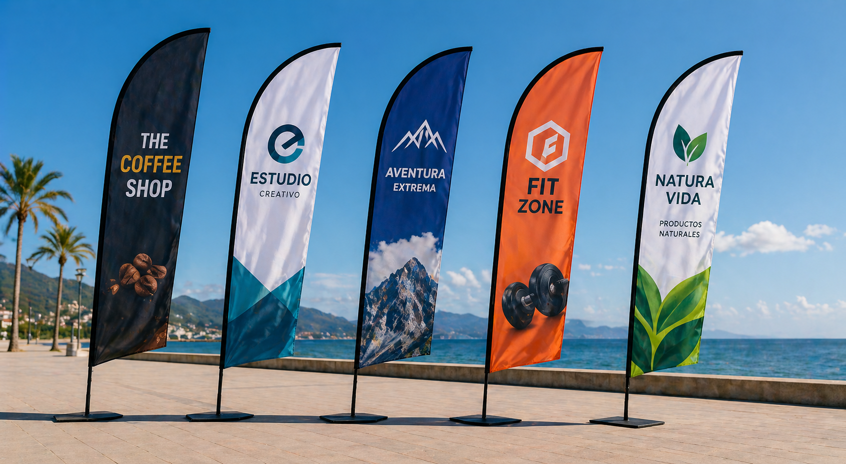 Cinco coloridas banderas de playa sobre la arena bajo un cielo azul, anunciando una cafetería, un estudio, ciclismo, zona de fitness y yoga en la naturaleza.