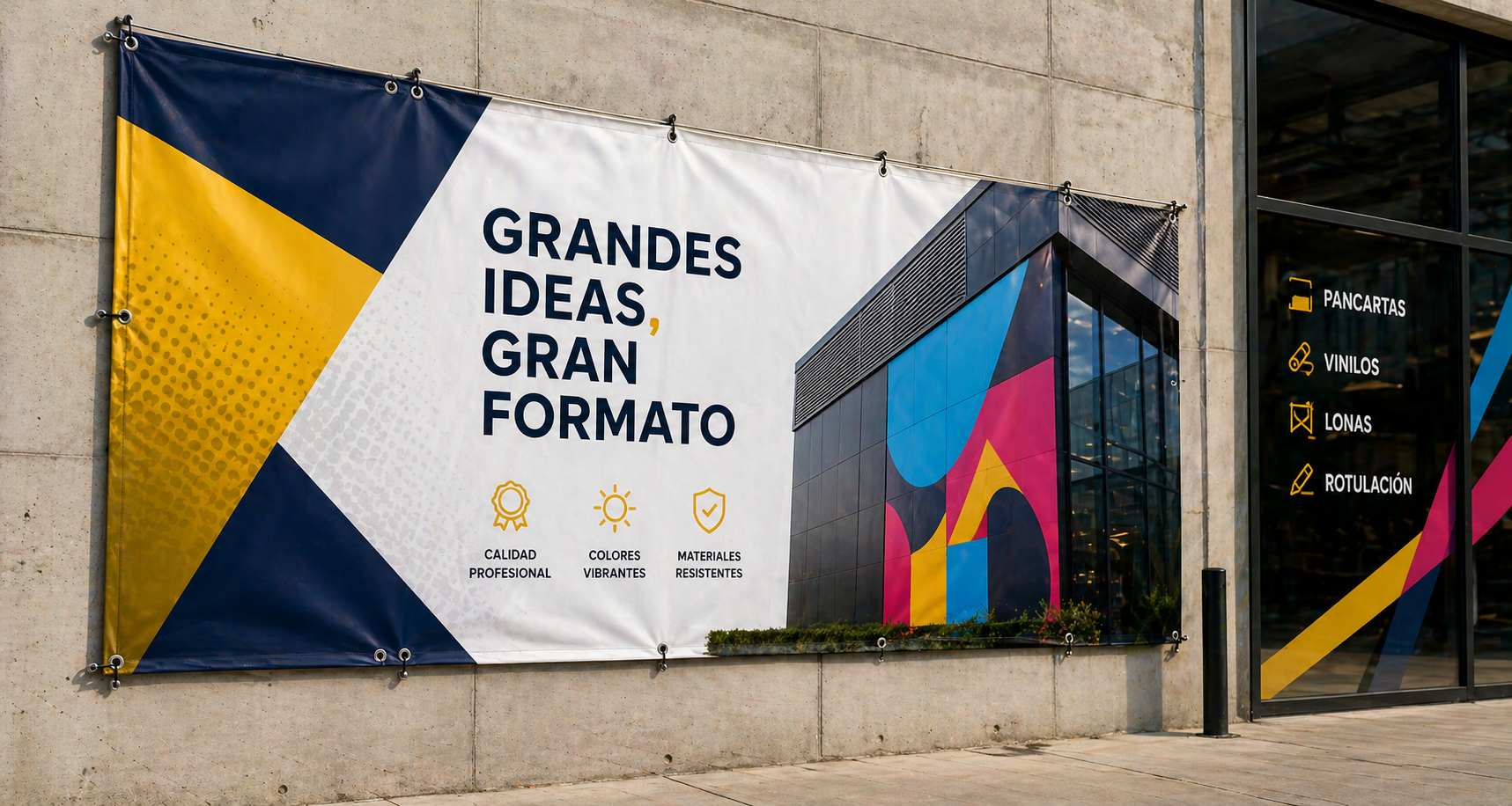 Pancarta del evento en una pared de hormigón con el texto “GRANDES IDEAS, GRAN FORMATO” y coloridos gráficos geométricos.