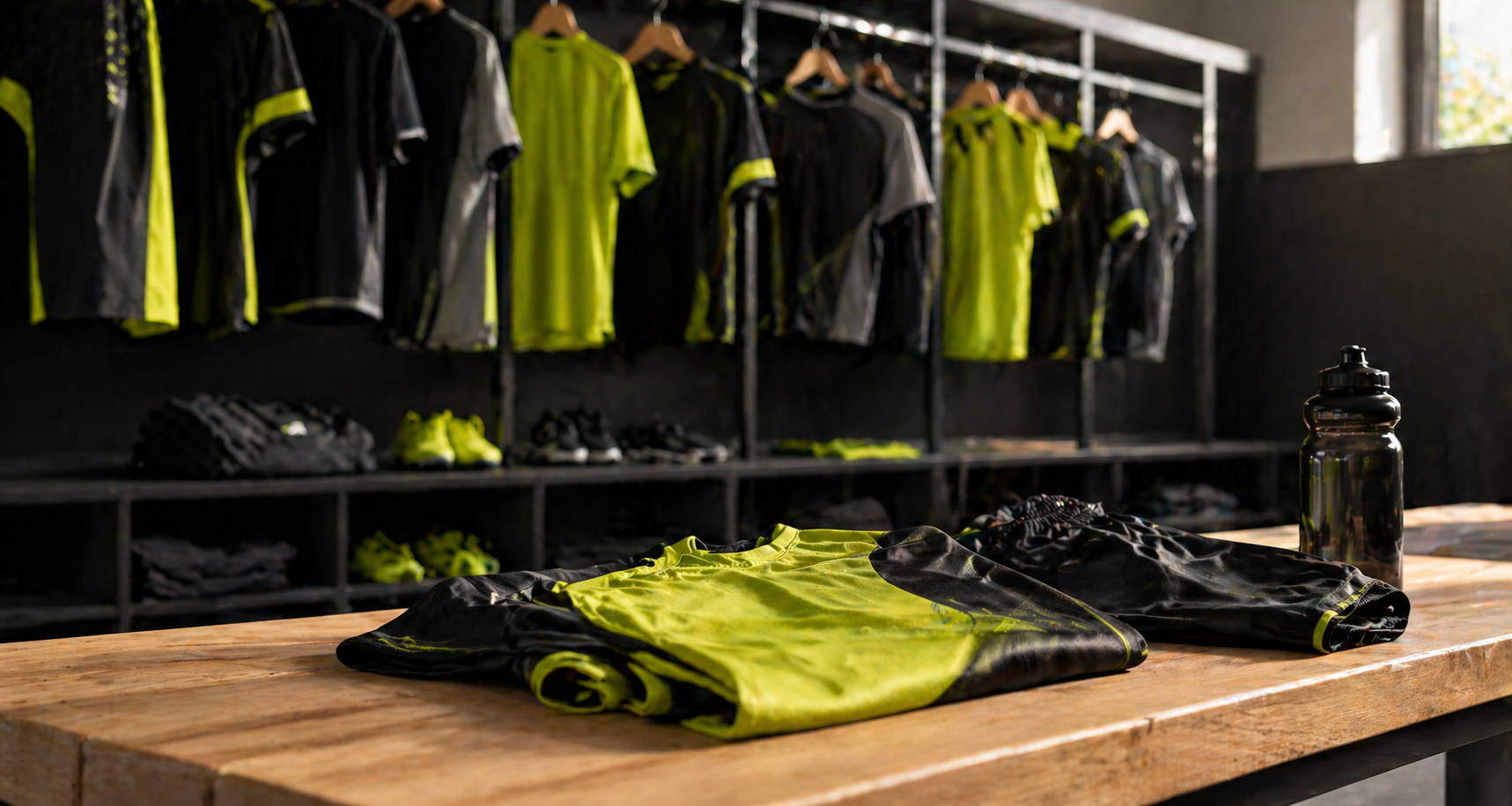 Cuarto de lavandería con ropa deportiva negra y verde neón colgada, ropa doblada sobre una mesa de madera y una botella de agua.