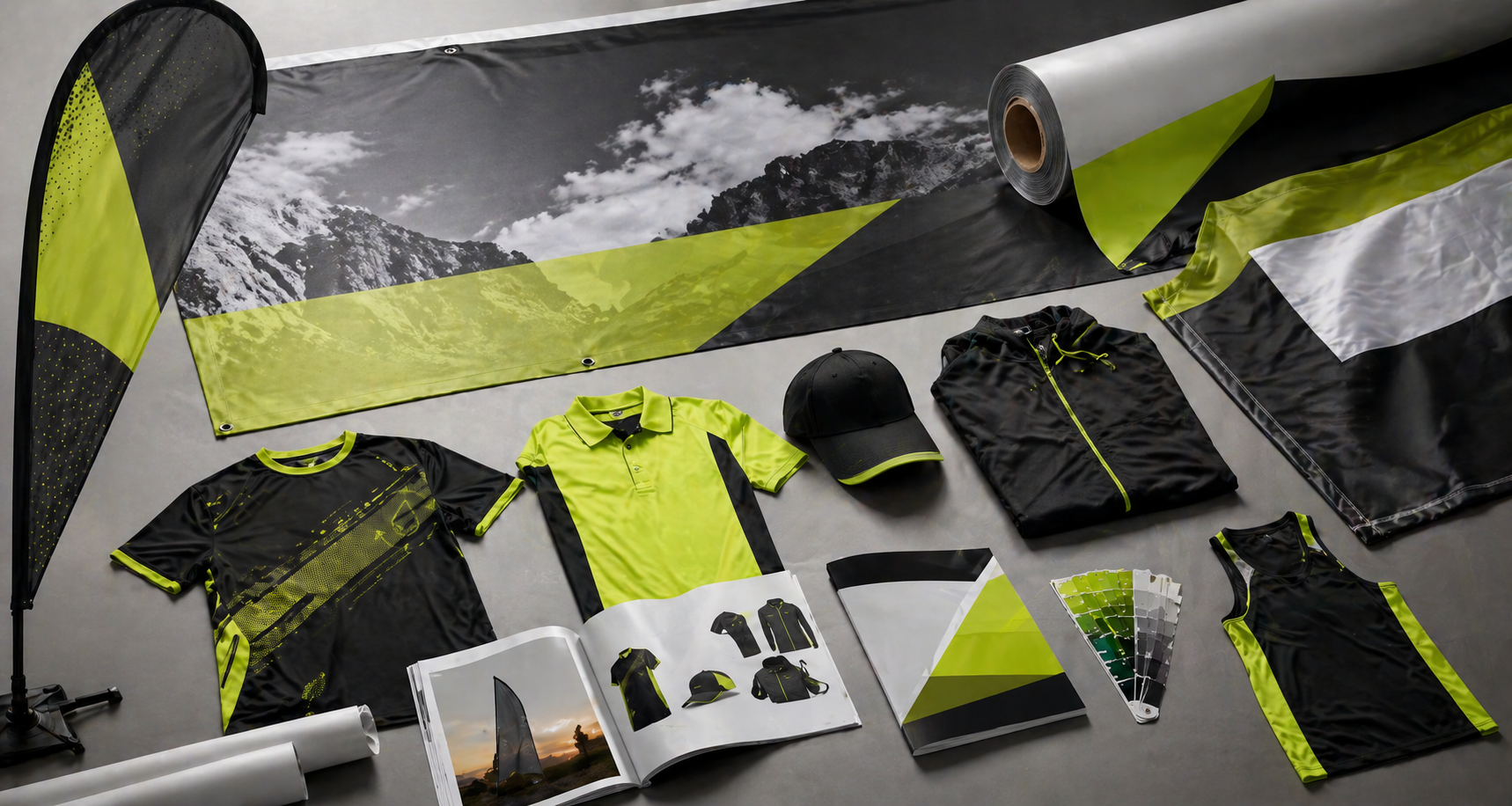 Variedad de ropa y equipamiento ciclista de color negro, gris y amarillo neón dispuestos sobre una superficie oscura.