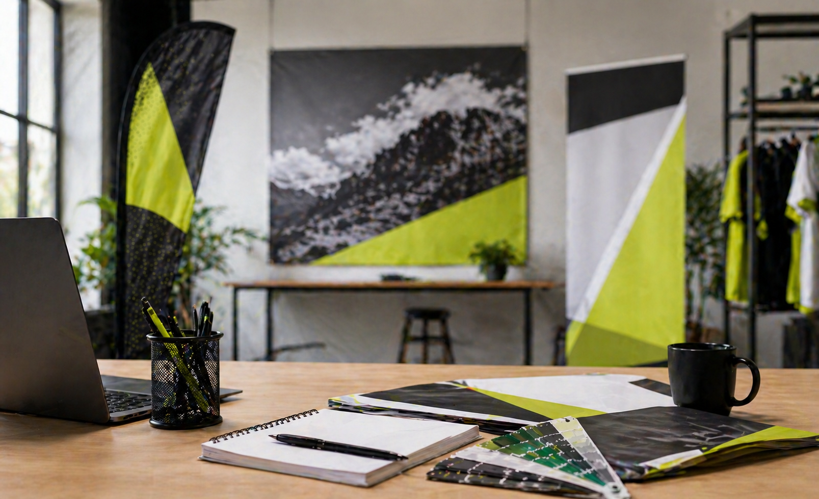Escritorio de oficina moderno con cuadernos, computadora portátil, taza de café y cuadro de pared en negro y amarillo.