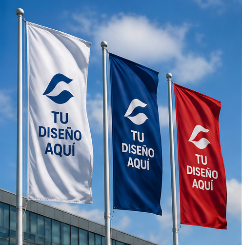 Tres banderas de marca en blanco, azul y rojo ondean frente a un edificio de cristal, con el cielo azul de fondo.