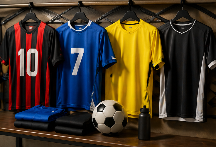 Cuatro camisetas de fútbol sobre un banco: la roja y negra número 10, la azul número 7, la amarilla y la negra, junto con un balón de fútbol y una botella de agua.