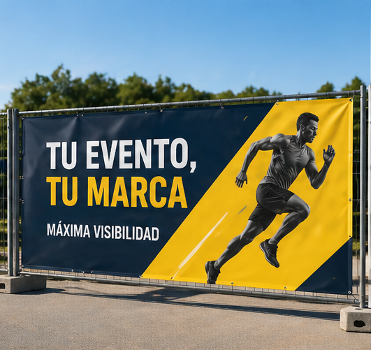 Pancarta con texto en español “TU EVENTO, TU MARCA” y la silueta de un corredor sobre un fondo amarillo y azul oscuro.