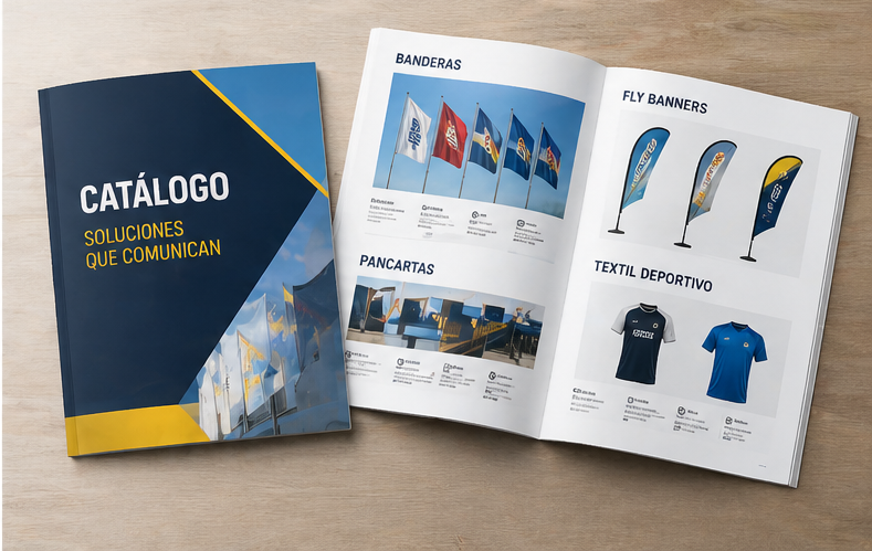 Catálogo de productos de tres páginas con portada azul y diseño de ropa y bandera impreso sobre una superficie de madera.