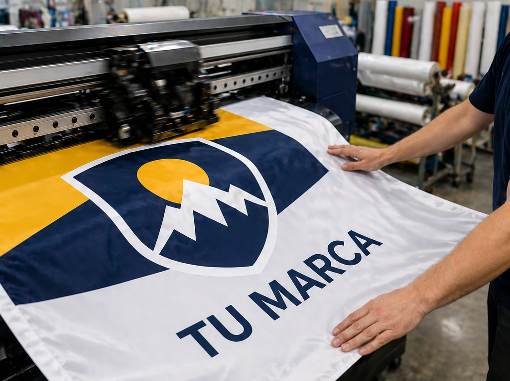 Persona inspeccionando una pancarta impresa de gran tamaño en una impresora de gran formato en una imprenta.