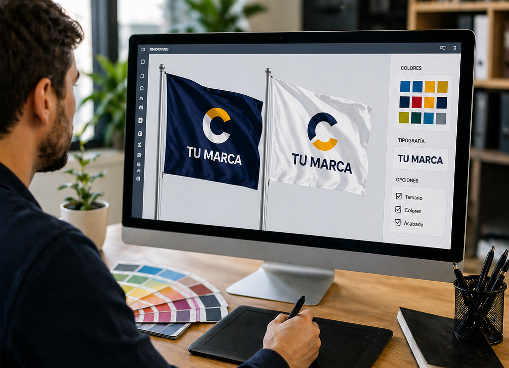 Diseñador revisando dos maquetas del logotipo 