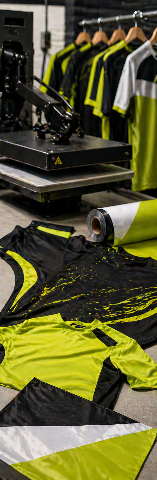 Chalecos y camisas de seguridad de color negro y amarillo neón, expuestos en perchas y sobre una mesa en una tienda de ropa.