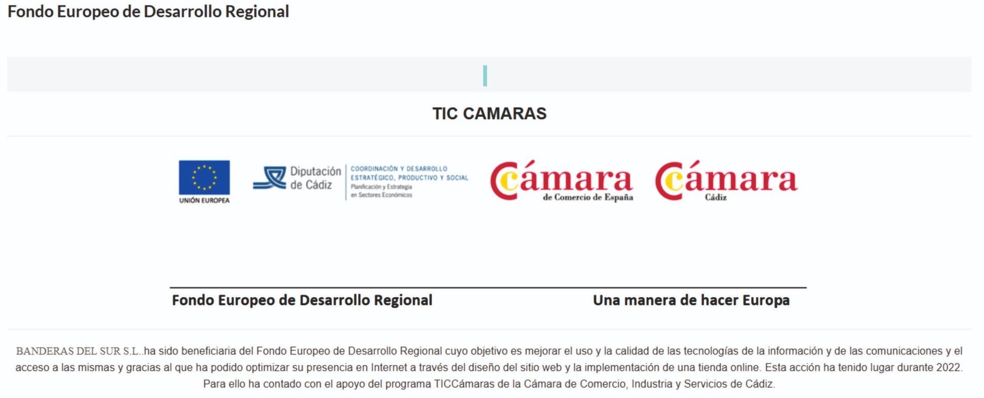 Banner con los logotipos de la UE y la Cámara y texto en español sobre el Fondo Europeo de Desarrollo Regional y el proyecto de turismo digital.
