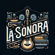 Logotipo de "La Sonora" con instrumentos musicales: guitarra, teclado, micrófono y notas musicales sobre fondo negro.