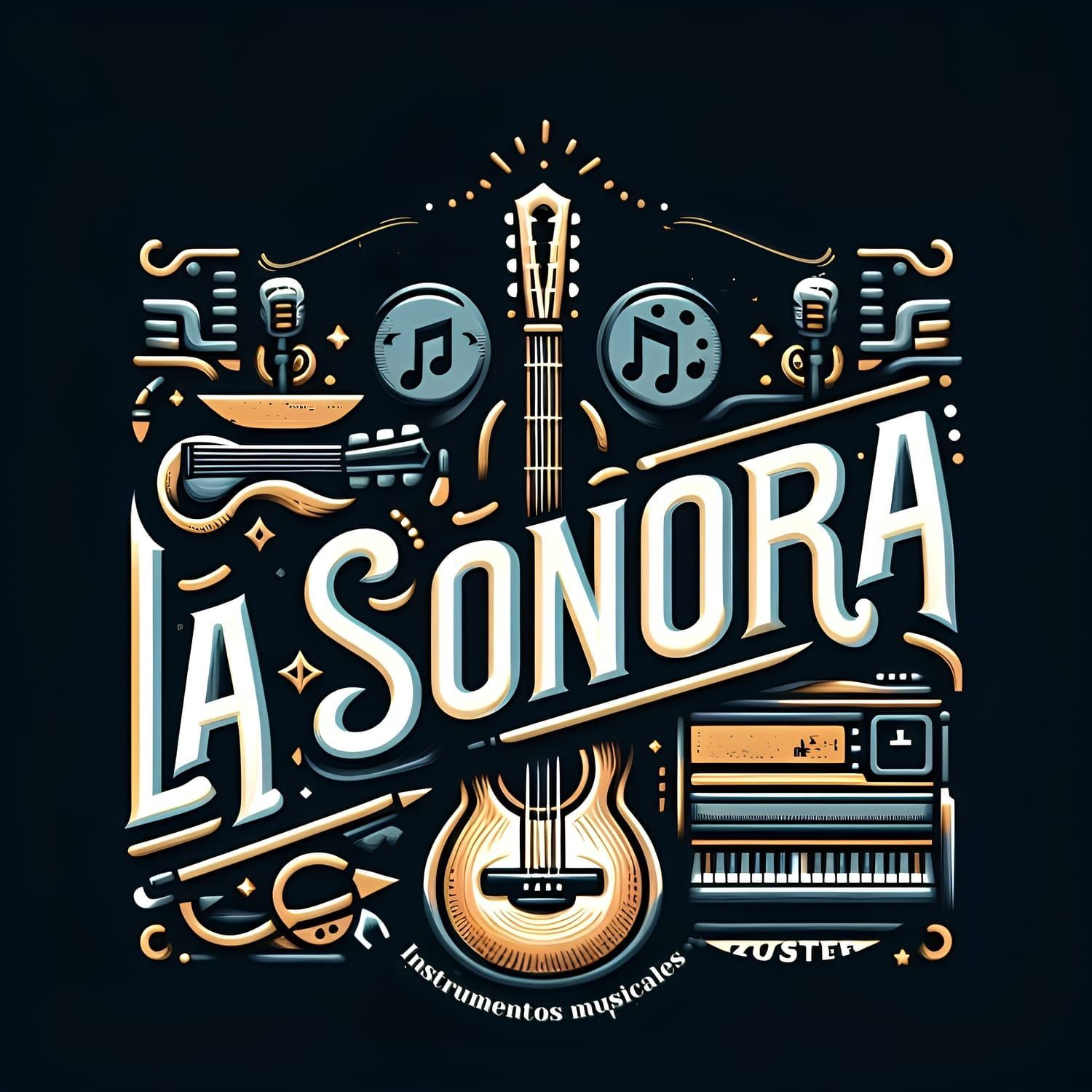 Logotipo de "La Sonora" con instrumentos musicales: guitarra, teclado, micrófono y notas musicales sobre fondo negro.