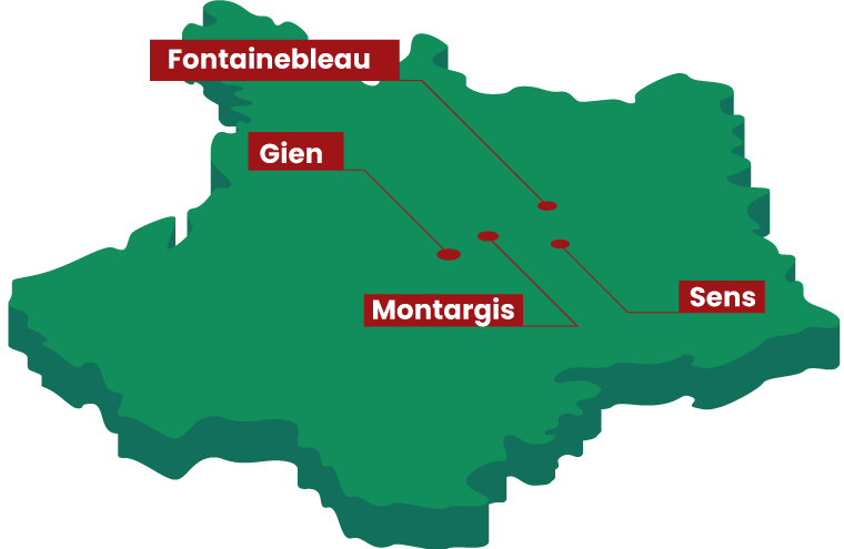 Carte stylisée indiquant Fontainebleau, Gien, Montargis et Sens
