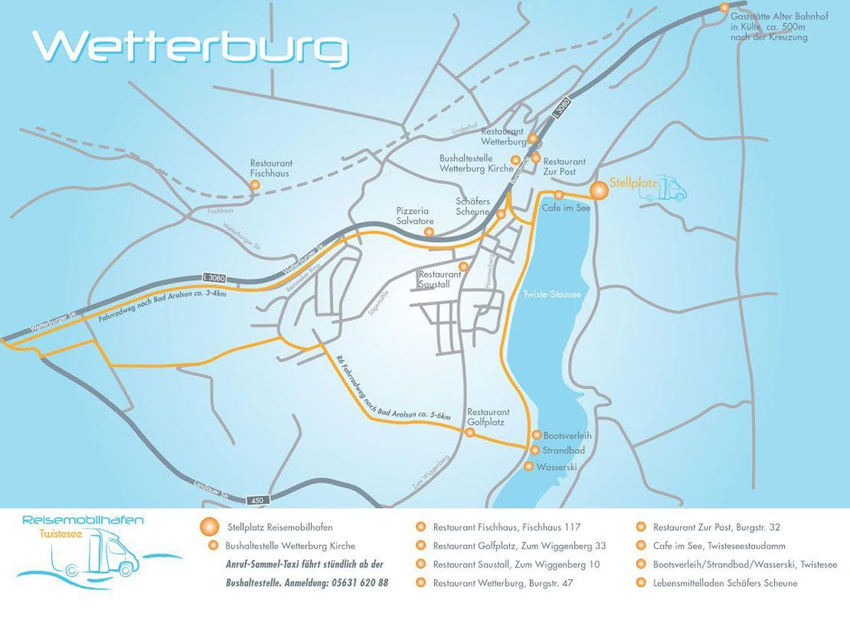 Eine Karte von Wetterburg ist auf blauem Hintergrund dargestellt.