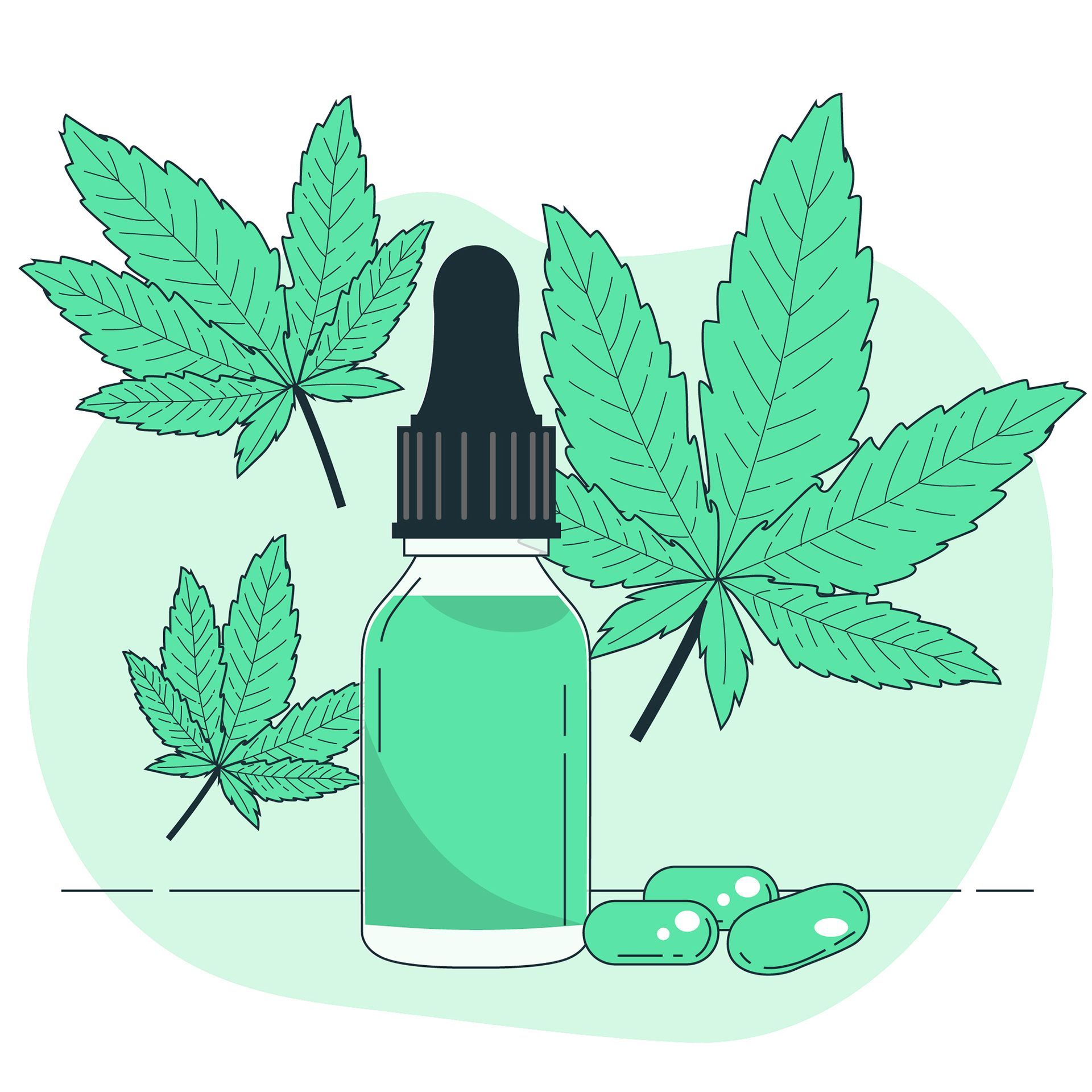 Una botella de aceite de CBD, tres hojas de cannabis y tres cápsulas de suplemento en tonos verdes sobre un fondo claro.