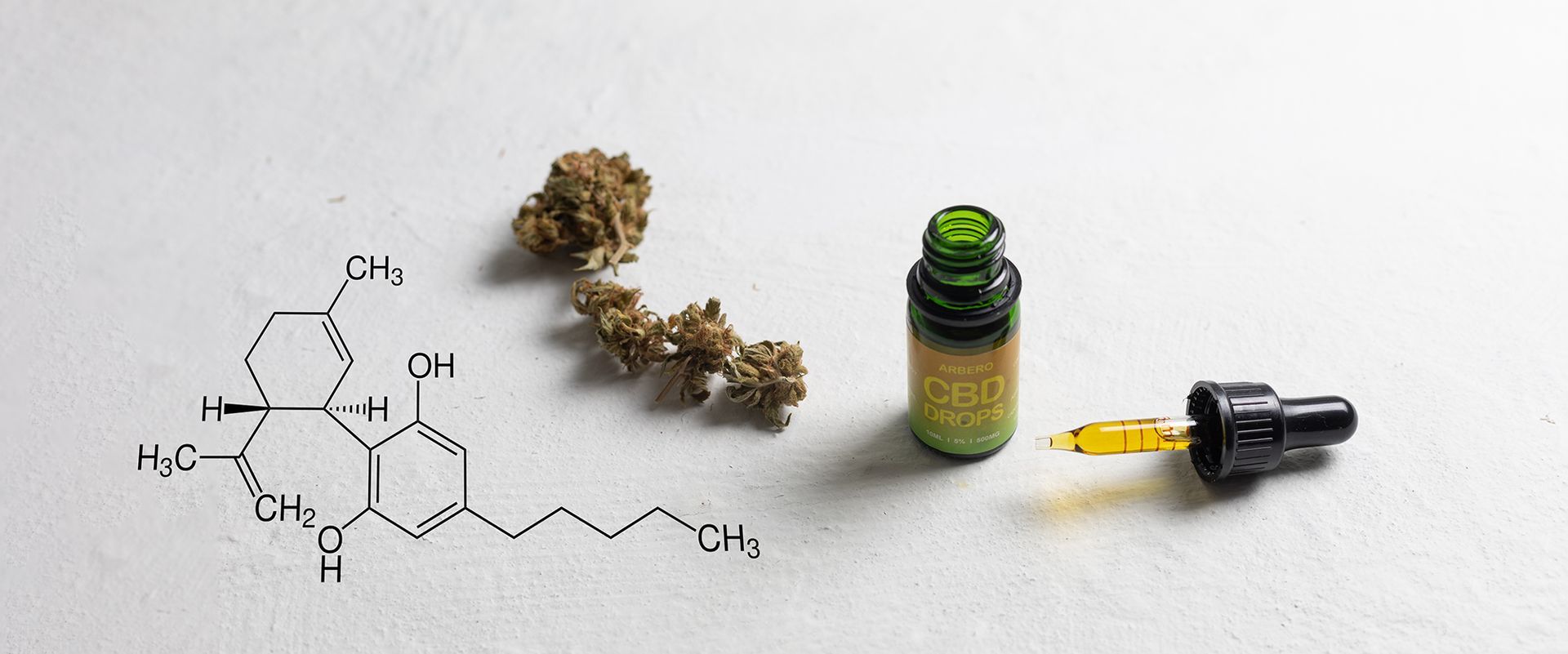 Una estructura química, cogollos de cannabis secos y un pequeño frasco cuentagotas verde con aceite de CBD dispuestos sobre una superficie blanca lisa.