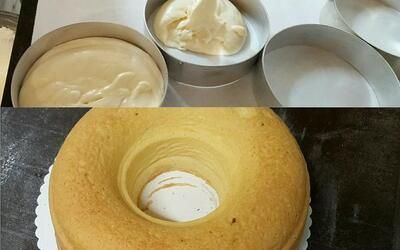 Eine Collage aus drei Bildern von der Zubereitung eines Kuchens.