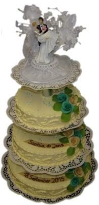Eine Hochzeitstorte mit einer Braut- und Bräutigamfigur obenauf