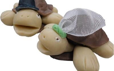 Zwei Schildkröten sitzen nebeneinander und eine trägt einen Zylinder.