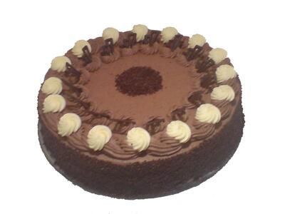 Ein Schokoladenkuchen mit weißem Zuckerguss auf weißem Hintergrund