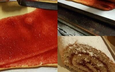 Eine Collage aus drei Bildern von einem Stück Pizza, einem Stück Kuchen und einer Kuchenrolle.