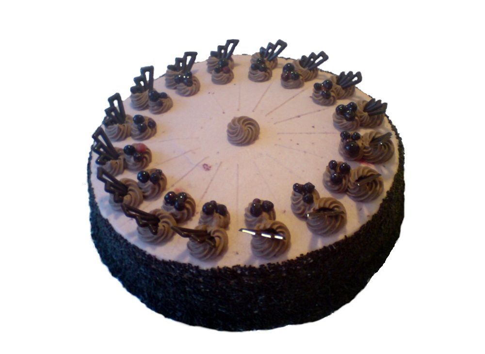 Ein Kuchen mit Schokoladenglasur und Blaubeeren darauf