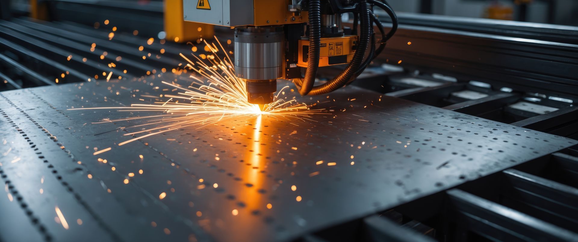 Une machine de découpe à laser en fonctionnement, des étincelles jaillissant d'une tôle.