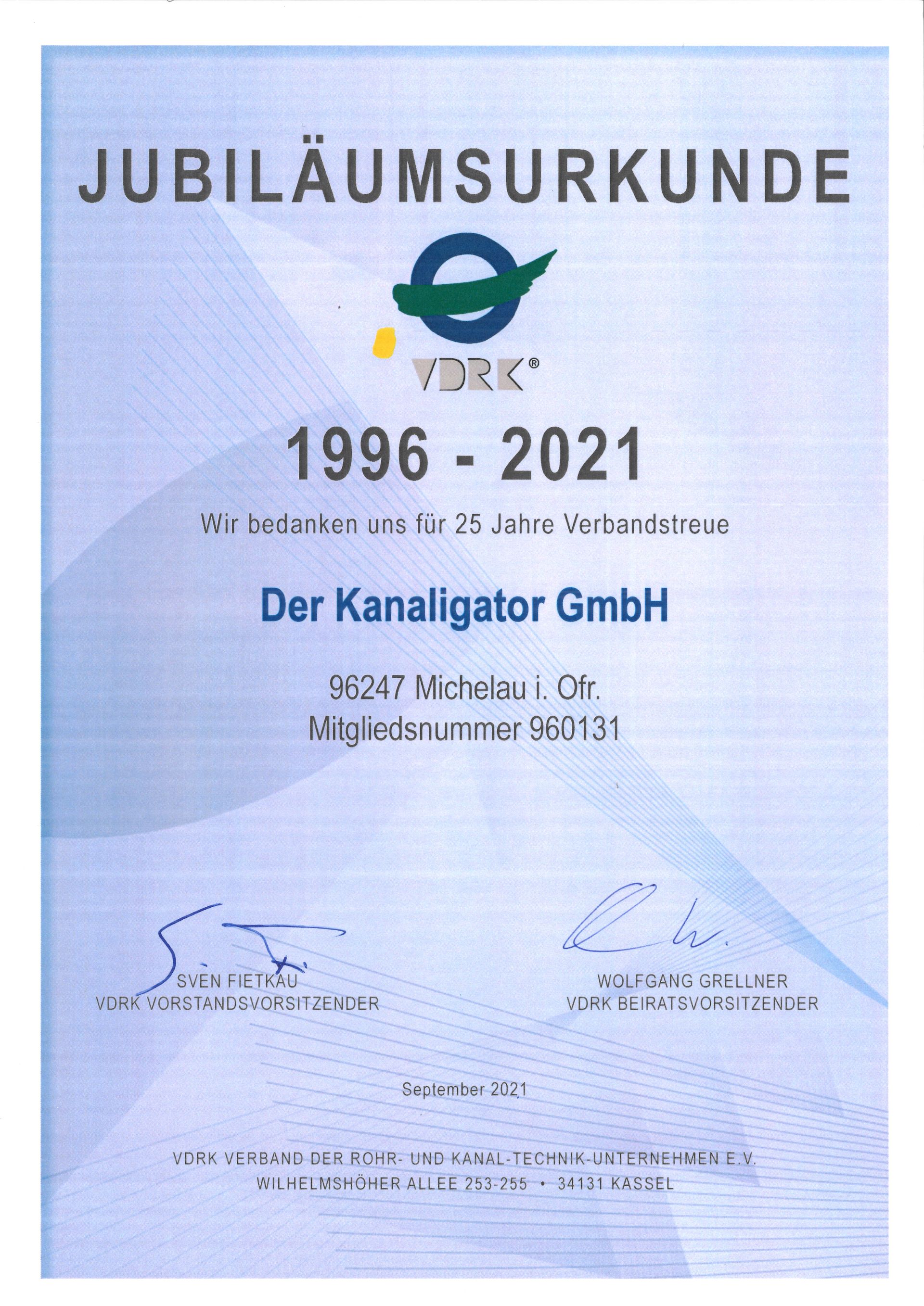 Jubiläumsurkunde Der Kanaligator 