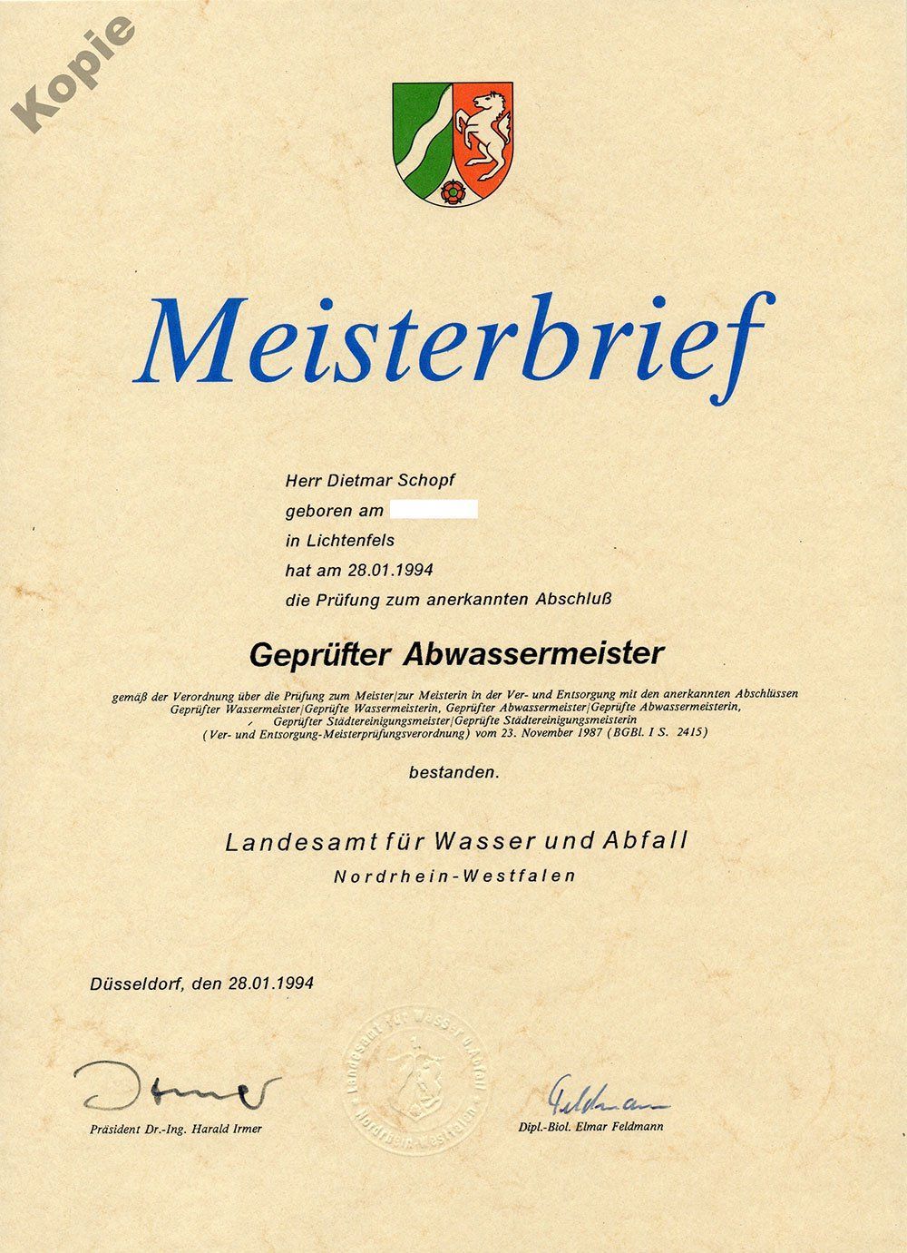 Meisterbrief geprüfter Abwassermeister