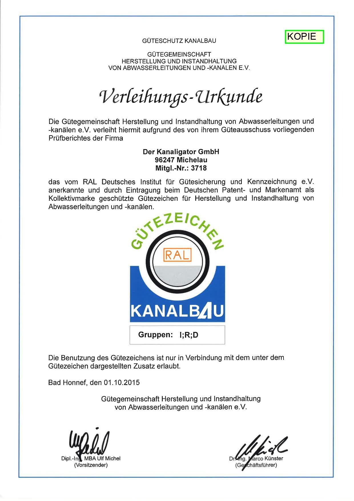 Gütezeichen Kanalbau