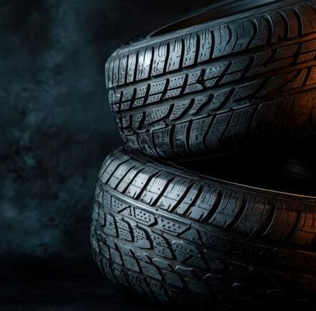 Pneus empilés devant un fond noir