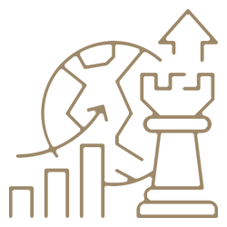 Schachturm mit Pfeil, Globus und Grafik, der strategisches Wachstum darstellt.