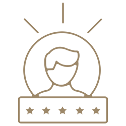 Person mit leuchtendem Heiligenschein, umrahmt von fünf Sternen, die für hochwertigen Service oder Zufriedenheit stehen.