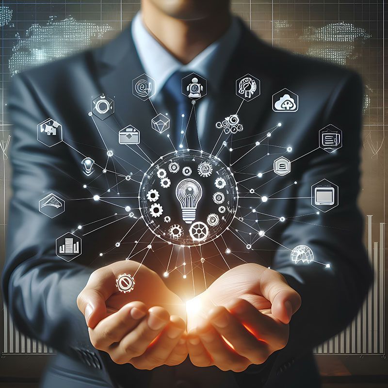 Ein Mann im Anzug hält eine Glühbirne in den Händen