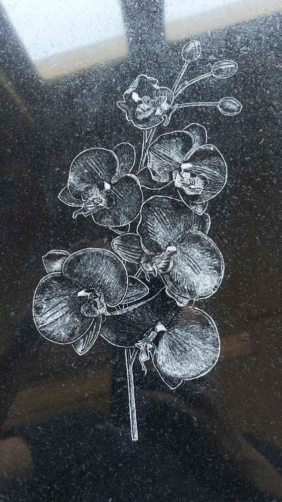 Eine schwarzweiße Zeichnung einer Blume auf einer schwarzen Oberfläche.