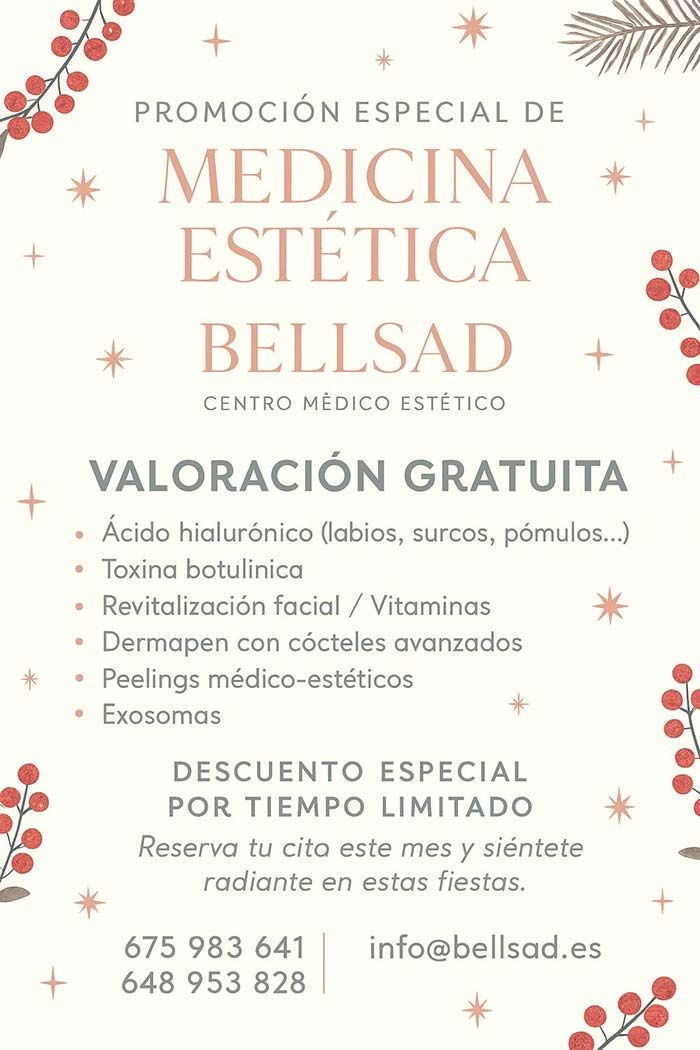 Folleto promocional de medicina estética. Texto: evaluación gratuita, ácido hialurónico, toxina botulínica, revitalización y descuento especial.