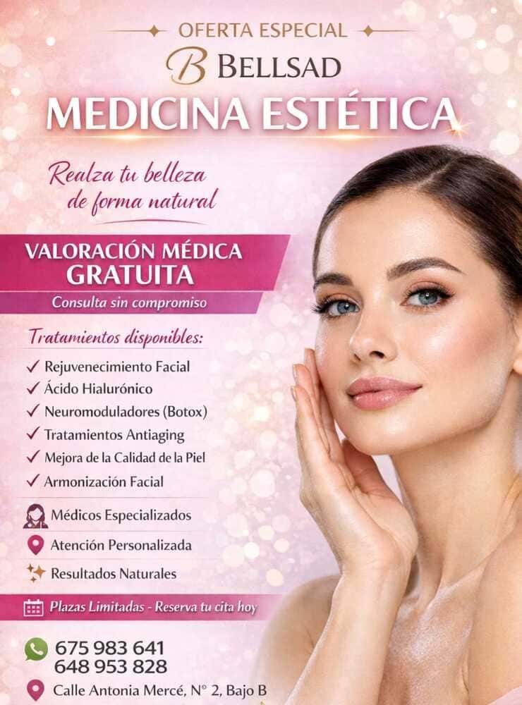 Anuncio de Bellsad Medicina Estética: rostro de mujer, oferta incluye evaluación médica y tratamientos gratuitos.