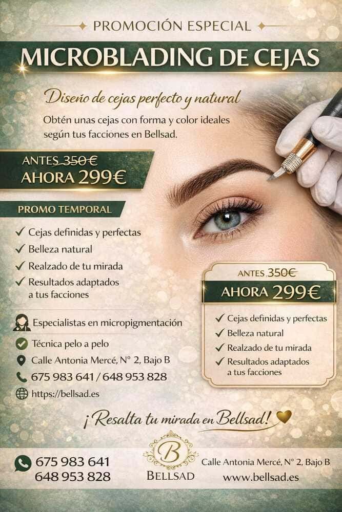 Folleto promocional de microblading de cejas: ofertas, fotos antes/después, información de contacto y beneficios.
