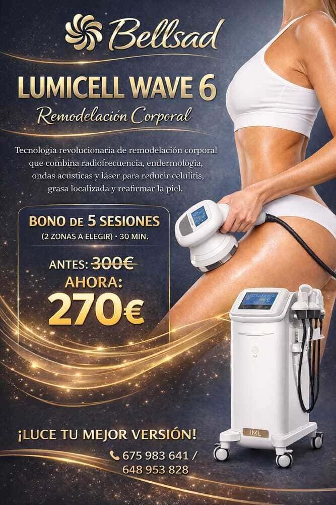 Anuncio de remodelación corporal con Lumicell Wave 6. Incluye oferta de precio antes/después.