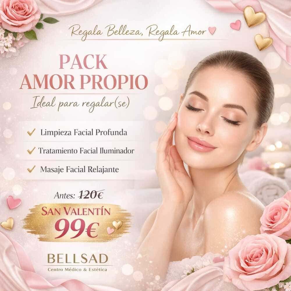 Anuncio de tratamientos de belleza “Pack Amor Propio”, que incluye facial, para San Valentín.