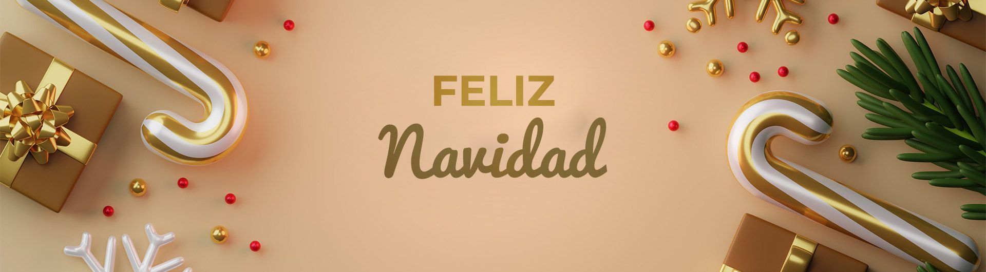 Saludo navideño con bastones de caramelo, regalos y adornos; texto 