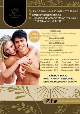 Anuncio de depilación láser. Pareja sonriendo. Lista de precios para diferentes zonas del cuerpo. Información de contacto.