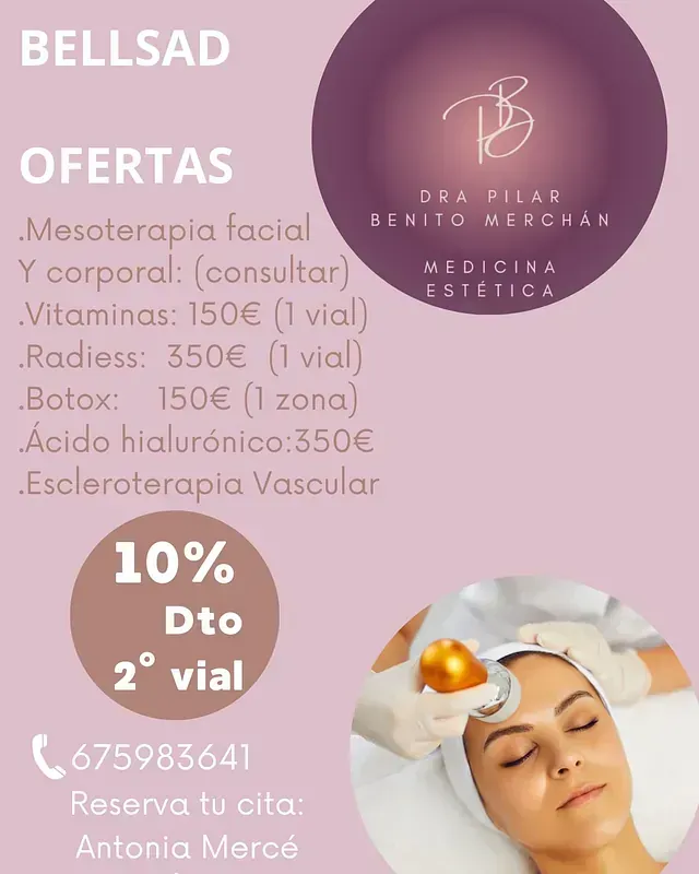Folleto promocional de procedimientos cosméticos. Ofrece bótox, vitaminas y más. Presenta a una mujer recibiendo el tratamiento.